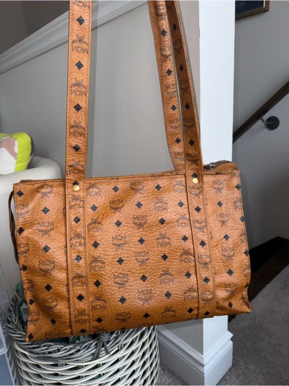 MCM Cognac Large Monogram Logo-Print Leather Shoulder Bag Tote Travel - Picture 7 of 9